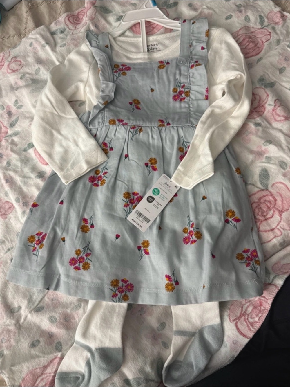 Carter's Light Blue Floral Pinafore Dress with White Top